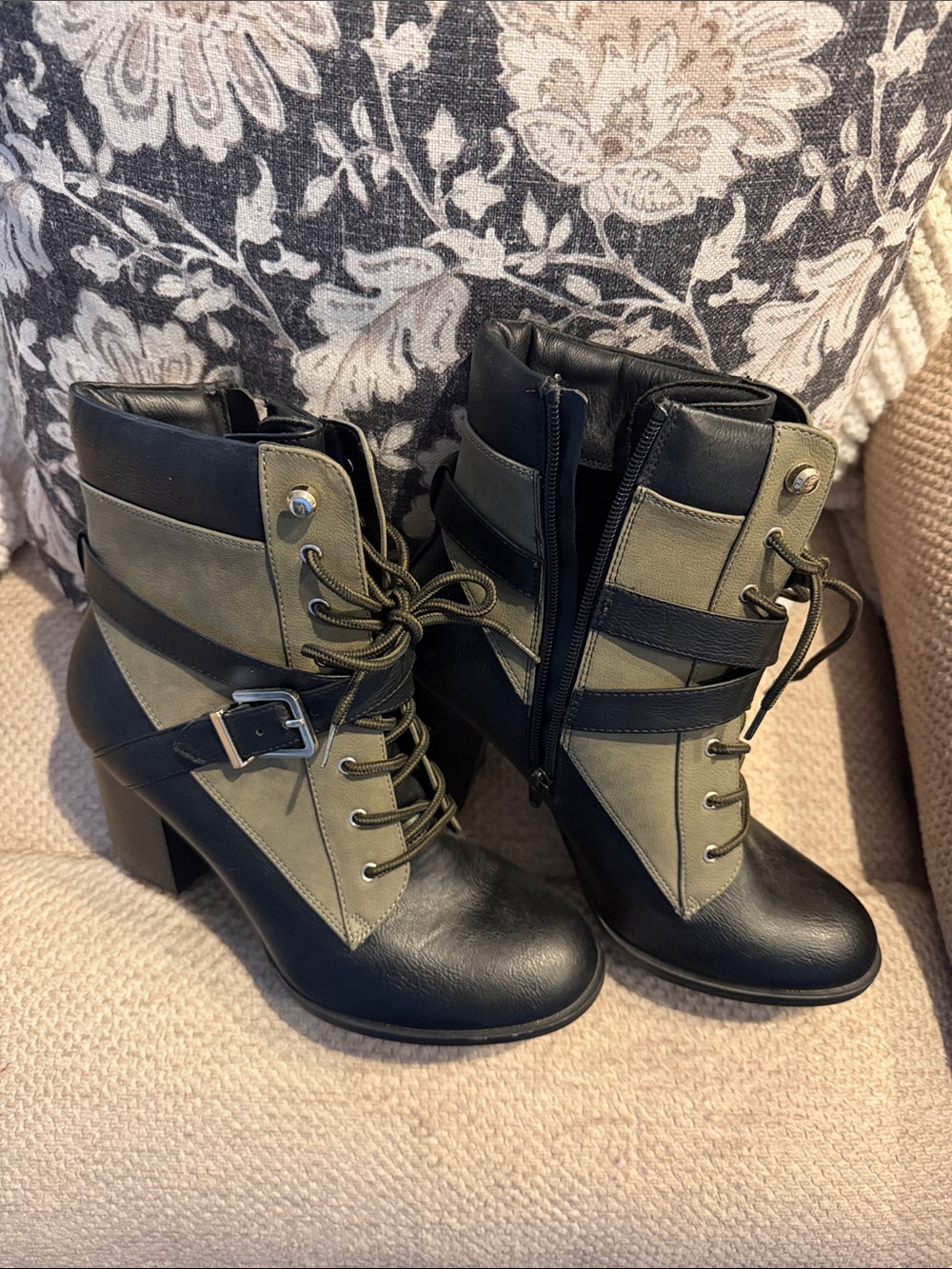 Women’s High-Heel Lace-Up Ankle Boots Olive Black Buckle Cross Mary Jane Booties